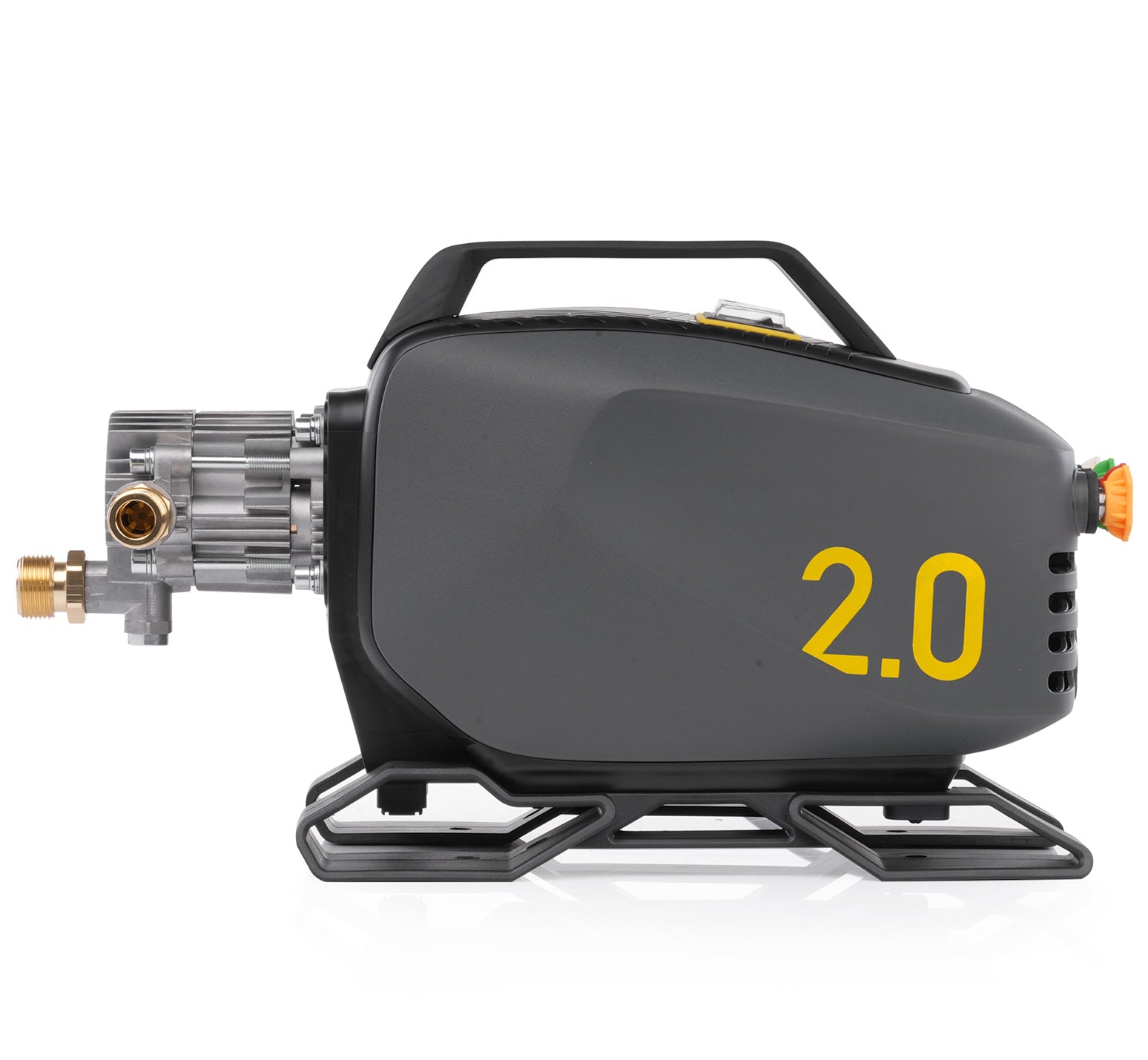 Black pressure washer with '2.0' marking on a white background