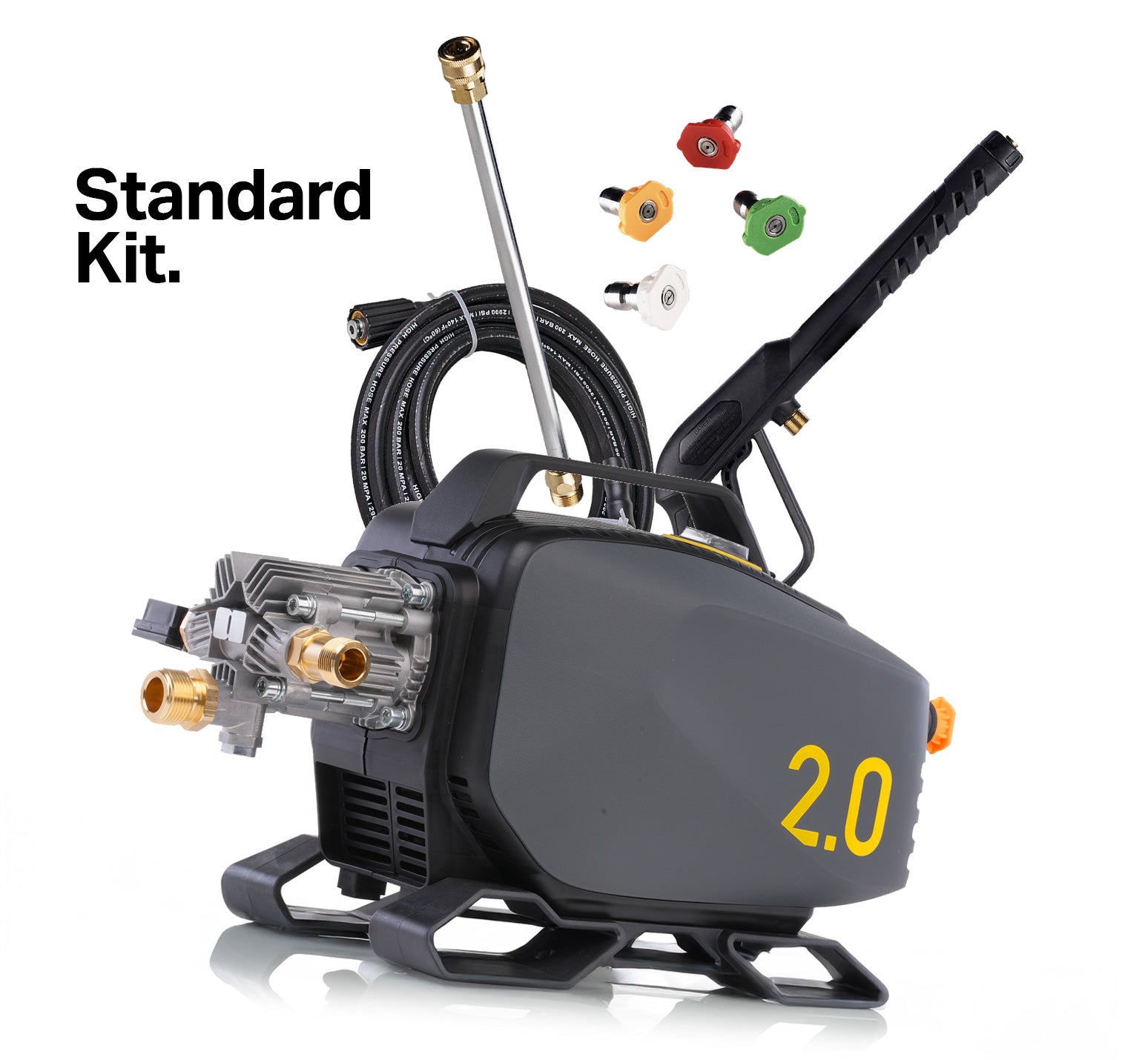 Pressure washer with various attachments on a white background