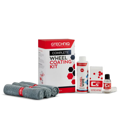Gtechniq Complete Wheel Coating Kit with packaging, bottles, and cloths on a white background