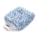A blue and white microfiber wash mitt with a white elastic cuff, featuring the Gyeon brand logo embroidered on the side.