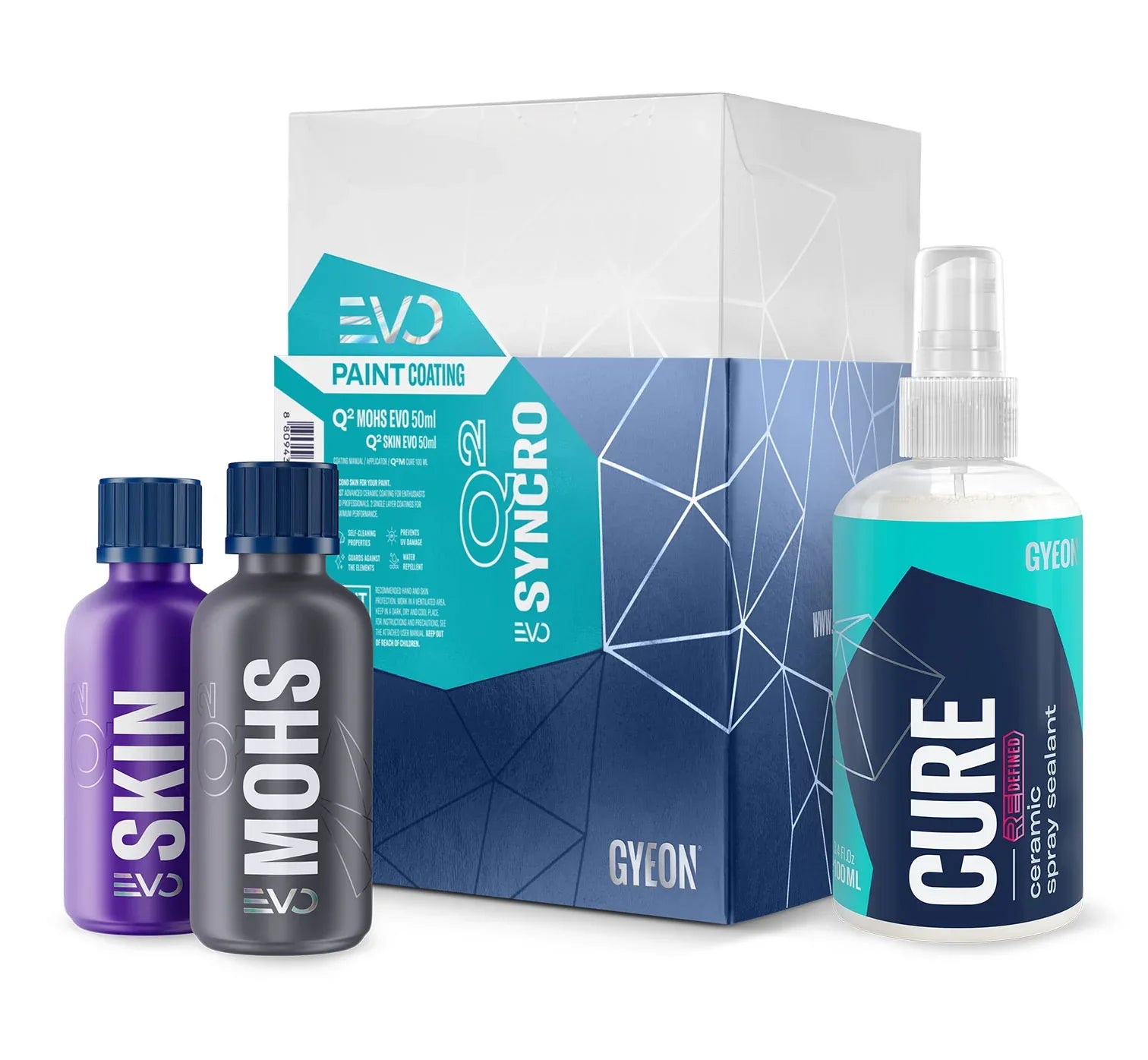 Gyeon Syncro ceramic coating products including bottles and a box on a white background