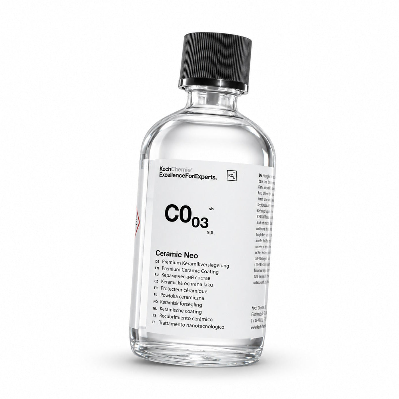 A clear glass bottle of Co03 Ceramic Neo ceramic coating featuring a black screw cap and a white label with black text, set against a plain white background.