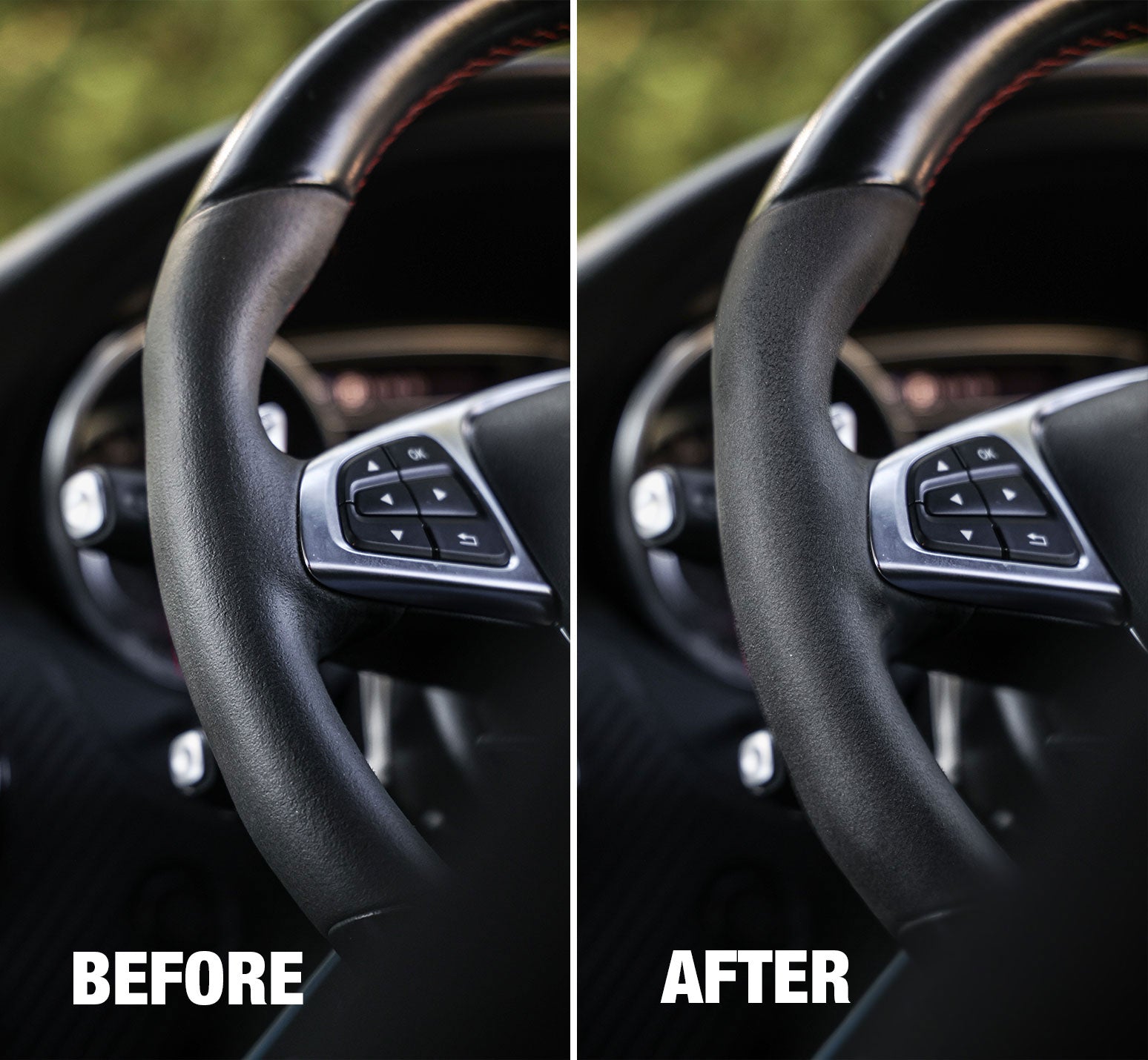 A side-by-side comparison labeled BEFORE and AFTER showing a close-up of a black car steering wheel with a textured center grip and silver control buttons inside a vehicle cabin.