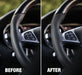 A side-by-side comparison labeled BEFORE and AFTER showing a close-up of a black car steering wheel with a textured center grip and silver control buttons inside a vehicle cabin.