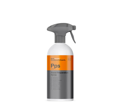 A white spray bottle labeled Koch Chemie PPS Panel Preparation Spray with orange and gray accents on the label.