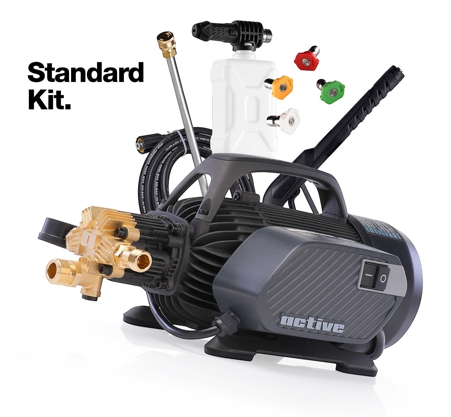 Polished Bliss Active 2.3 electric pressure washer with standard kit, including foam cannon, lance, hose, and 4 nozzles.