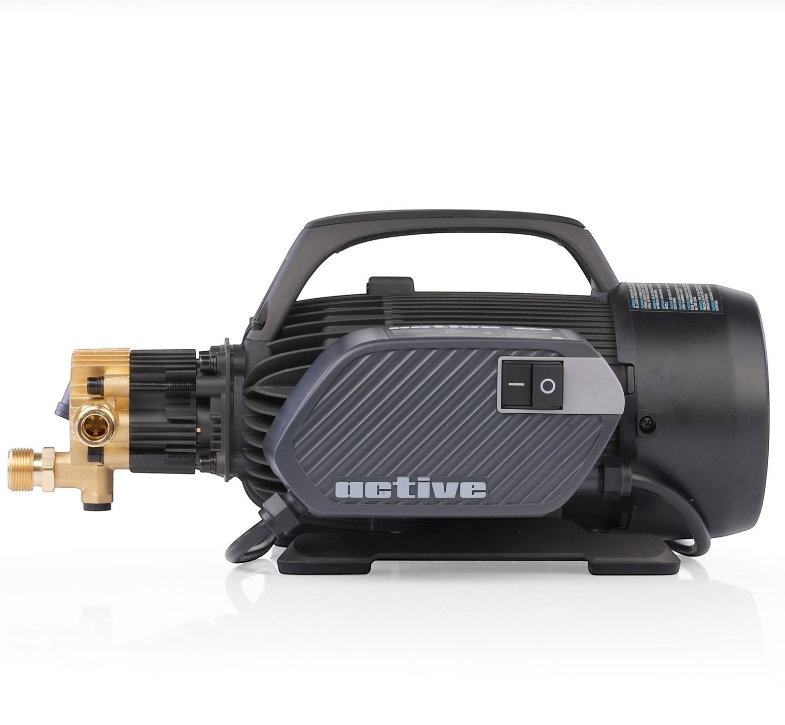Polished Bliss Active 2.3 electric pressure washer with black and grey casing, brass fittings, and integrated handle.