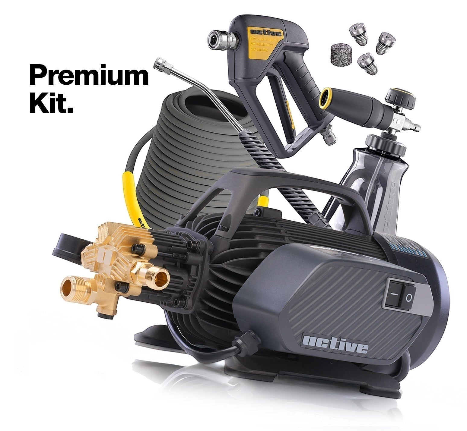 Polished Bliss Active 2.3 Electric Pressure Washer Premium Kit with foam cannon, hose, gun, lance, and nozzles.