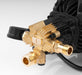Polished Bliss Active 2.3 electric pressure washer brass pump head with black motor housing and ribbed cooling fan.