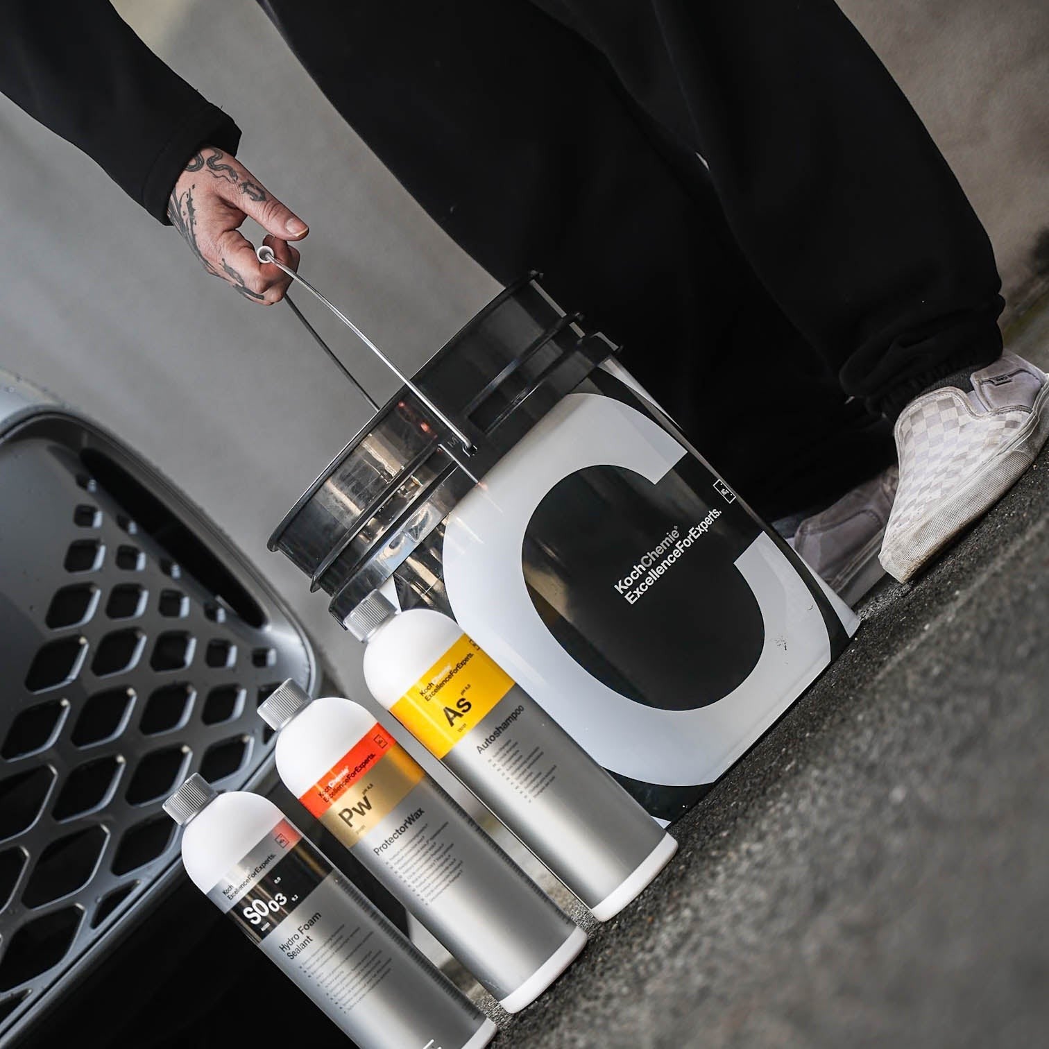 Polished Bliss Koch Chemie 20L detailing bucket with car wash products: S003 Hydro Foam, PW ProtectorWax, and As Autoshampoo.