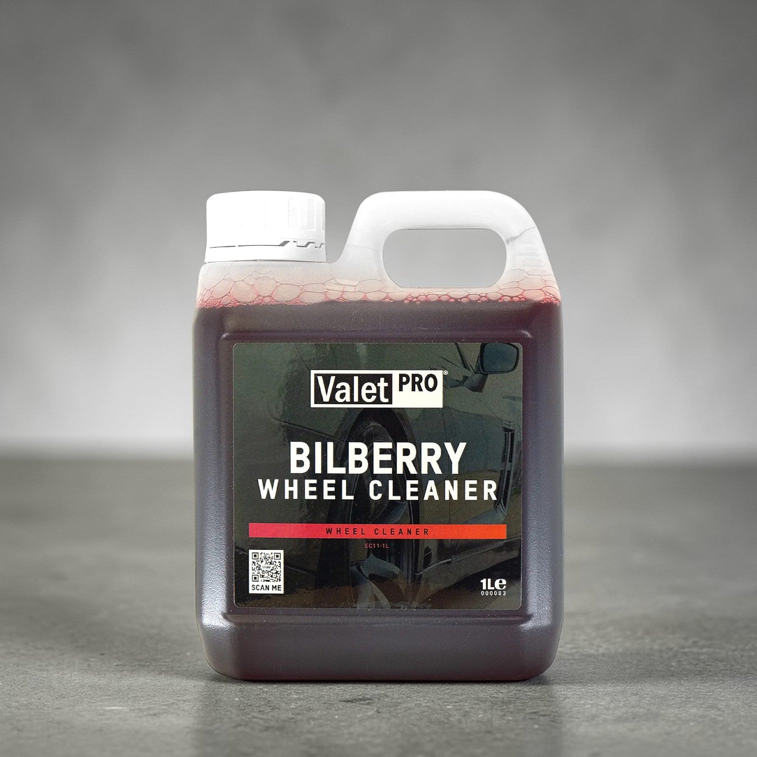 Bilberry wheel cleaner bottle with Valet Pro branding on a gray background