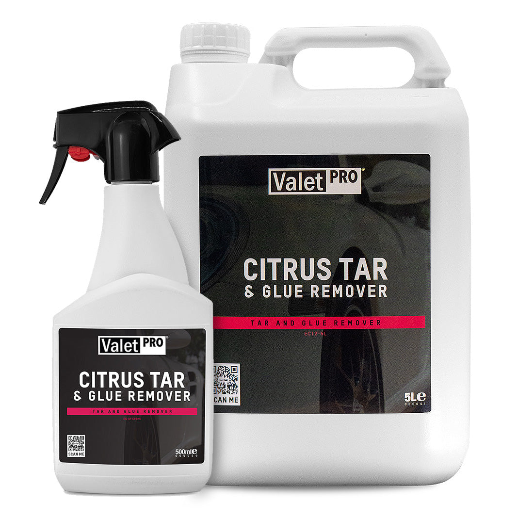 Valet Pro Citrus Tar & Glue Remover spray bottle and large container on a white background