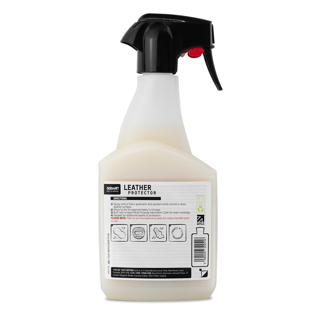Spray bottle labeled 'Leather Protector' on a white background