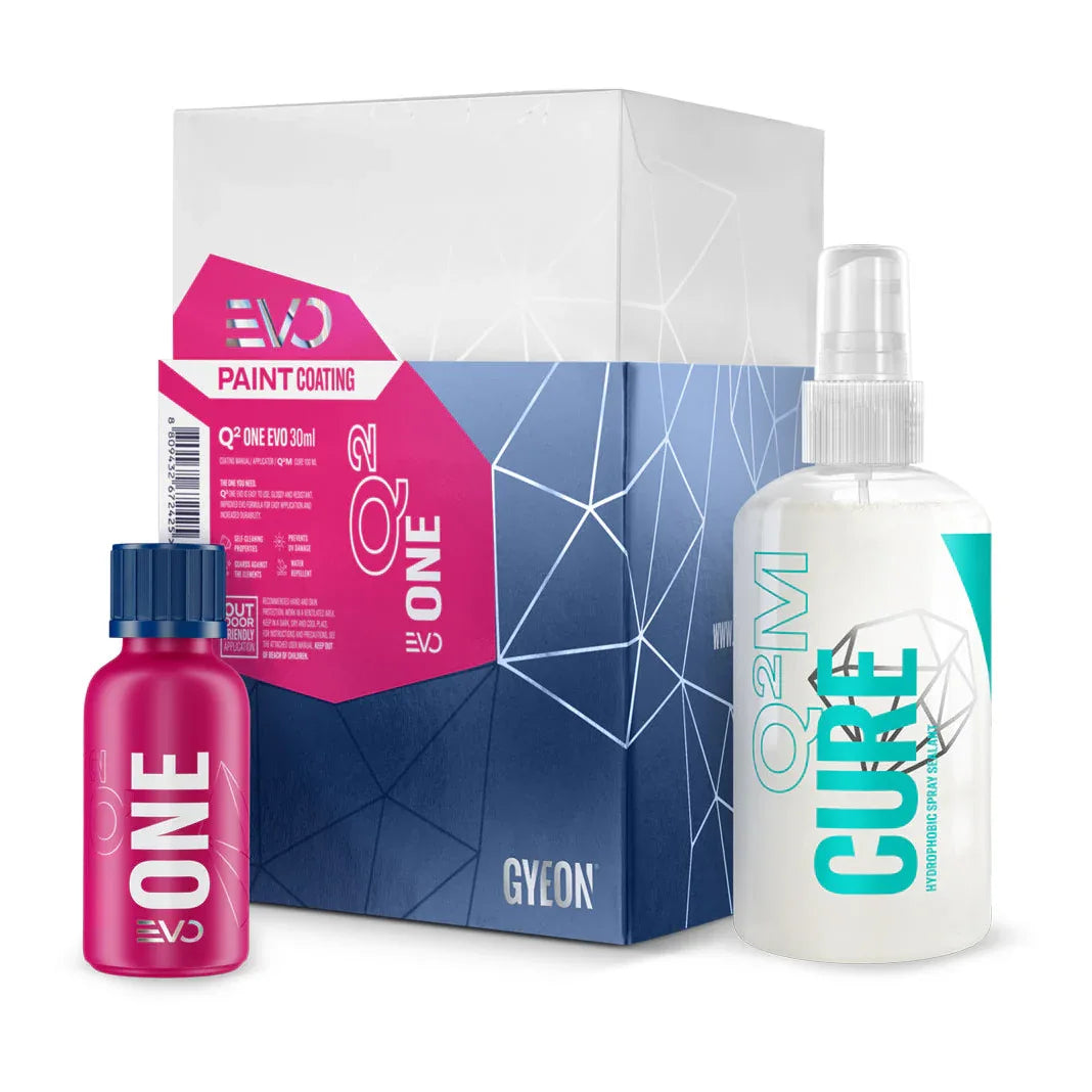 A product image featuring Gyeon Q² One EVO coating kit which includes bottles of Gyeon Q² One and Gyeon Q²M Cure, an applicator, and packaging box.